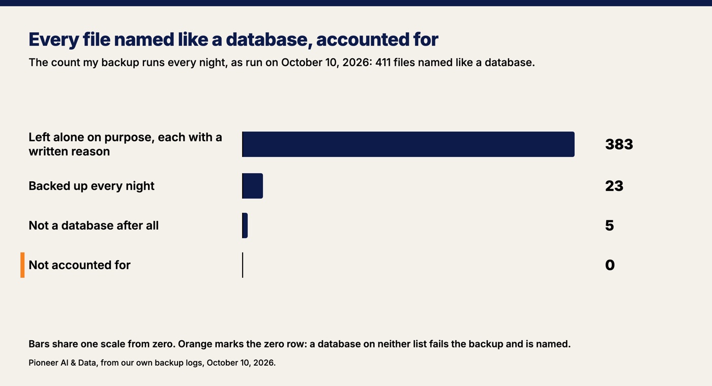 Bar chart of the 411 files named like a database on Pioneer's server on October 10, 2026, on one scale from zero: 383 left alone on purpose, each with a written reason; 23 backed up every night; 5 that were not databases after all; and 0 unaccounted for.