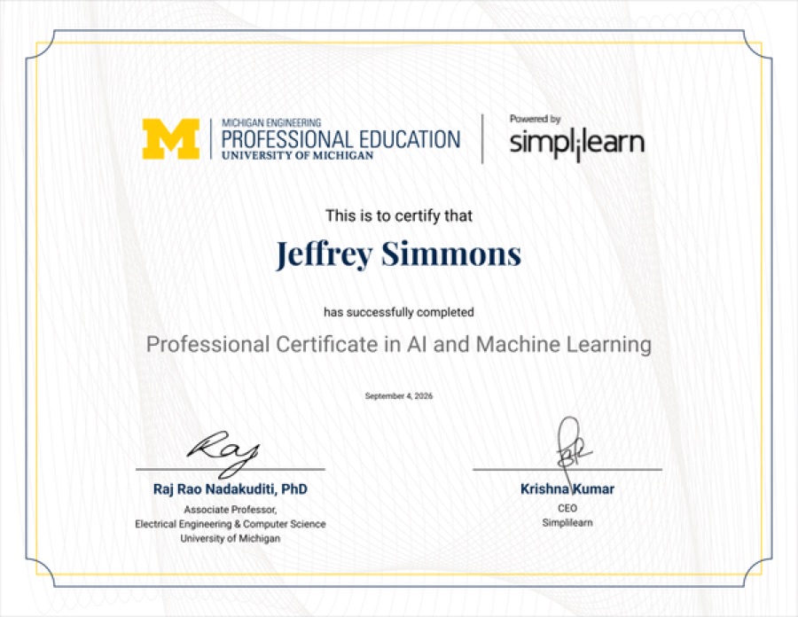 Professional Certificate in AI and Machine Learning, University of Michigan, issued to Jeffrey Simmons on September 4, 2026